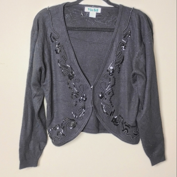 Vintage 90s Yield Black Beaded Cardigan Sweater Size M Elegant Retro Knit - Picture 2 of 7